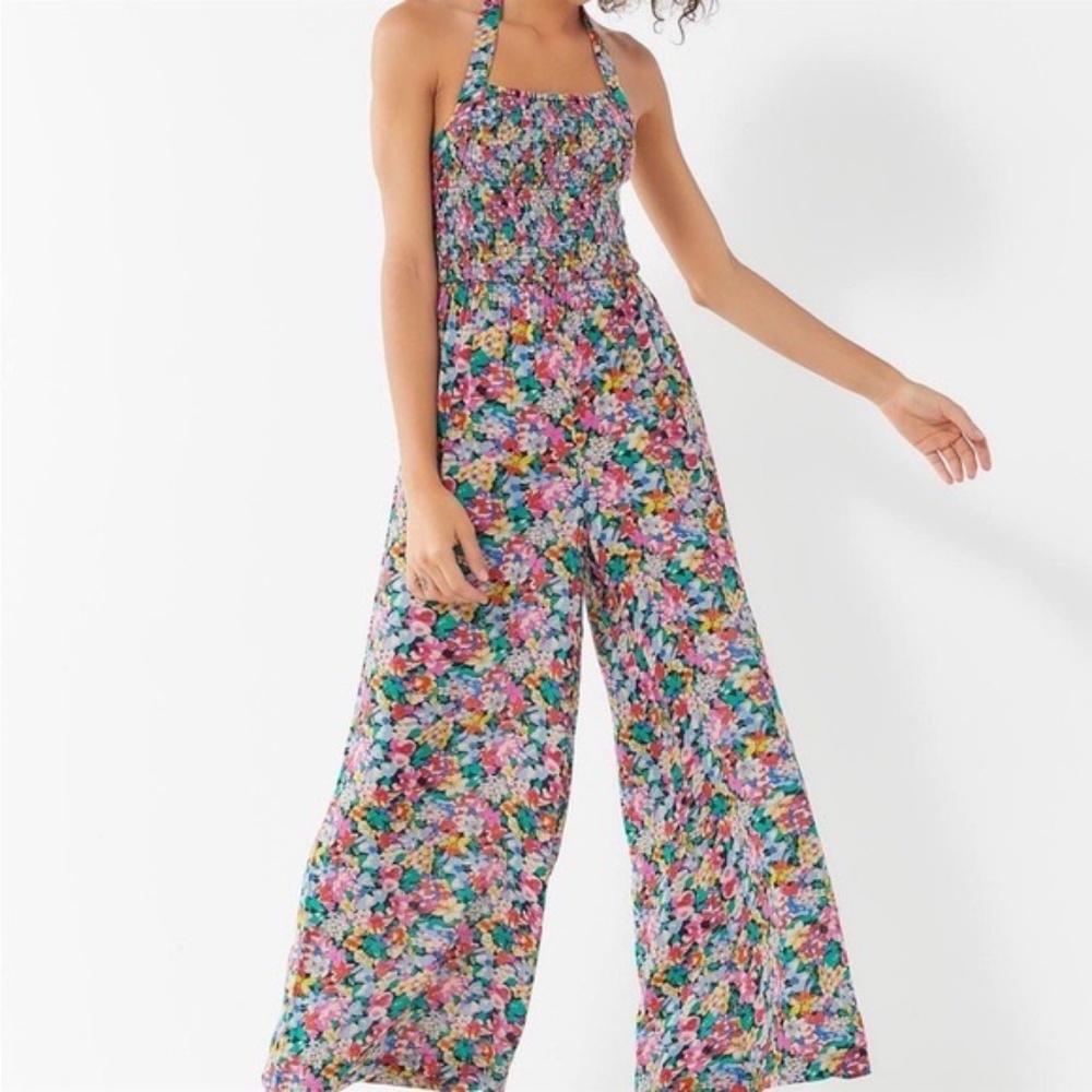 Multicolor Urban Outfitters smocked flowy halterneck jumpsuit in floral pattern